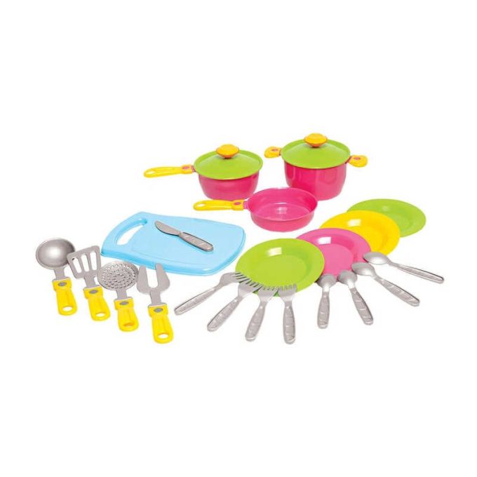 гр Набір посуду №2 1677 (16) "Technok Toys" 2 каструлі, сковорідка, 2 кришки, дощечка, 4 комплекти столових приладів, кухонне начиння, 21см, в сітці