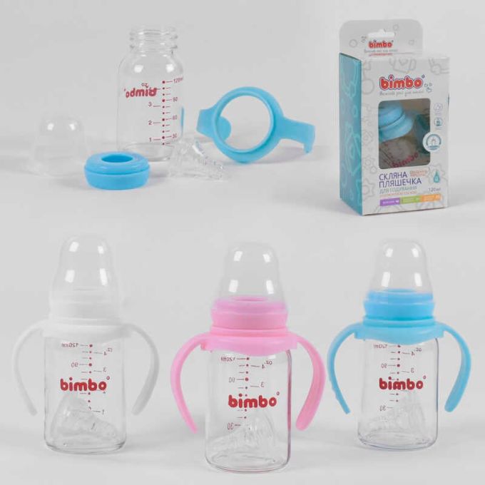 гр Пляшка скляна 55870 (48) з силіконовою соскою, "BIMBO", 120 мл, 3 кольори, 1шт в коробці