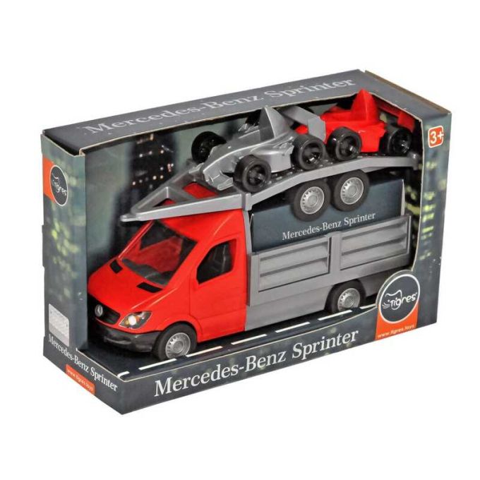 гр Машина "Mercedes-Benz Sprinter" бортовий з лафетом 39669 (червоний) (6) "Tigres" відчиняються двері кабіни, 2 машинки, в коробці