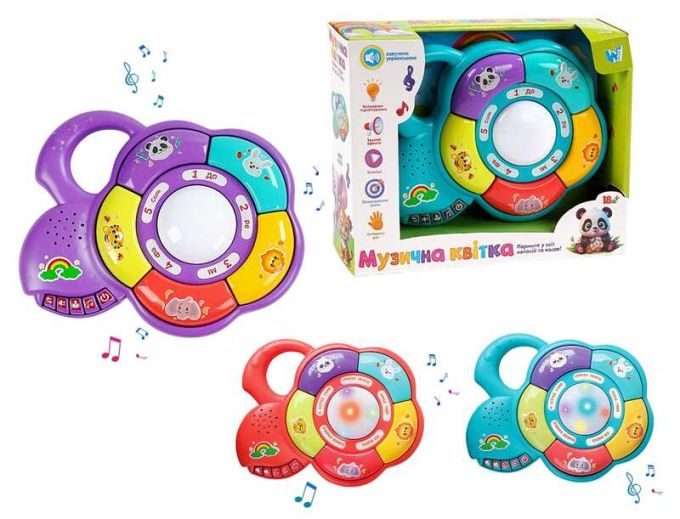 Музична квітка 34771 (36) "WToys", 3 кольори, ОЗВУЧУВАННЯ УКРАЇНСЬКОЮ МОВОЮ, казки, вірші, пісні, мелодії, підсвічування, ноти, літери, в коробці, ВИДАЄТЬСЯ ТІЛЬКИ МІКС ВИДІВ