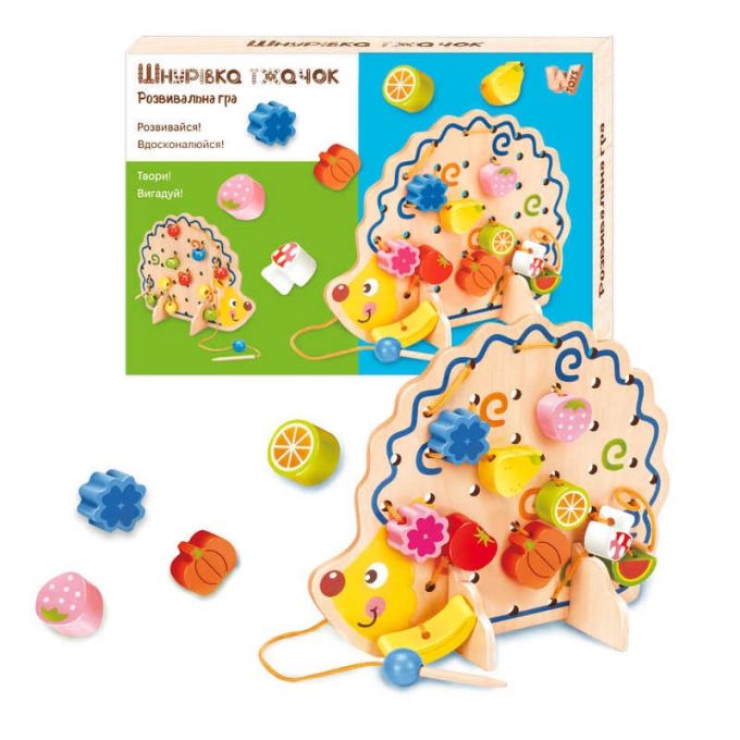 Шнурівка дерев'яна 25916 (18) "WToys", "Їжачок", дерев'яна, кольорові намистини, шнурок, в коробці