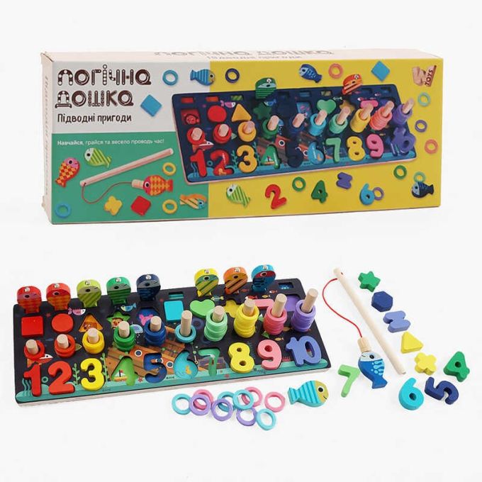 Логічна дерев’яна дошка 11825 (40) "WToys", дерев'яна, 10 кольорових рибок, магнітна риболовля, цифри та фігури, кілочки, в коробці