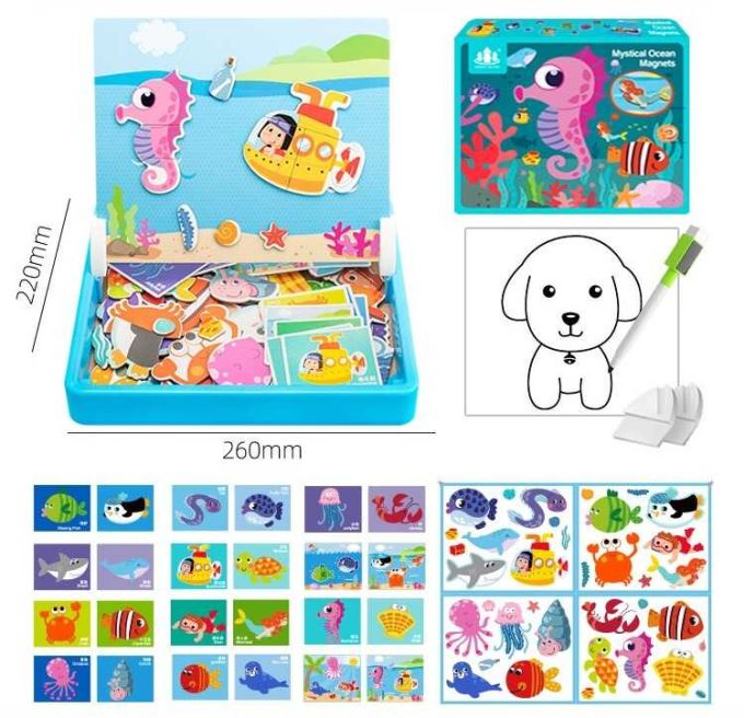Дерев'яна магнітна дошка С 74452 (28) “Морські жителі”, маркер, картки, магніт, назви англійською мовою, в коробці