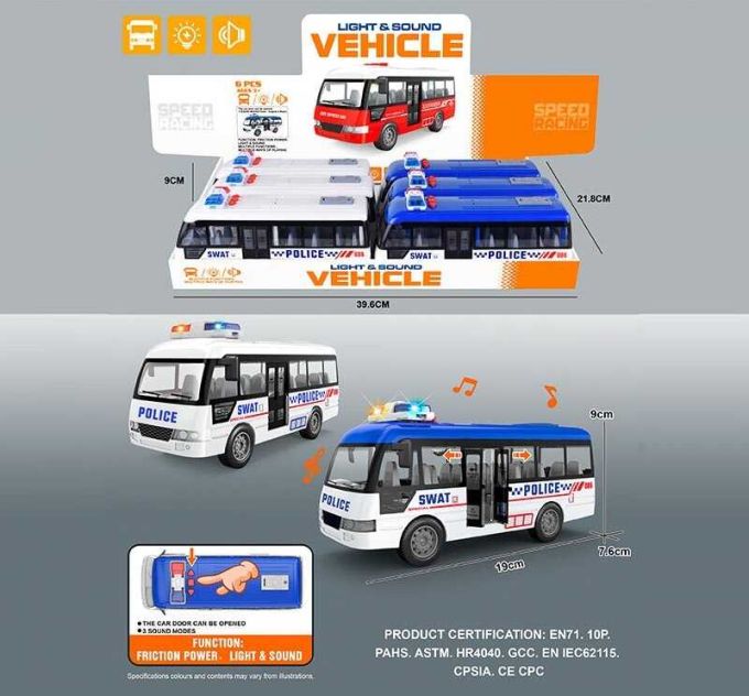 Набір автобусів YM 9906 F (16/2) ЦІНА ЗА 6 ШТУК В БЛОЦІ, звуки, підсвічування, музика, інерція, гумові шини, на батарейках, відчиняються двері, в коробці