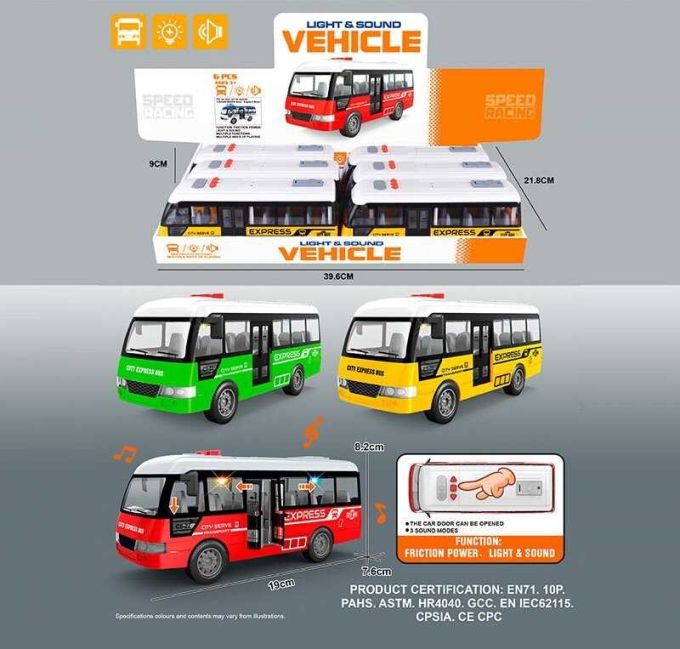 Набір автобусів YM 9907 F (16/2) ЦІНА ЗА 6 ШТУК В БЛОЦІ, звуки, підсвічування, музика, інерція, гумові шини, на батарейках, відчиняються двері, в коробці
