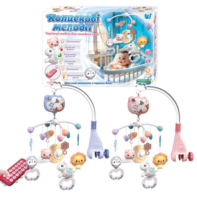 Карусель 34608 (16) "WToys", 2 види, ОЗВУЧУВАННЯ УКРАЇНСЬКОЮ МОВОЮ, 5 підвісок-брязкалець, гумові елементи, обертання, підсвічування, таймер, регулювання гучності, мелодії, колискові, проєкція, пульт, в коробці, ВИДАЄТЬСЯ МІКС ВИДІВ