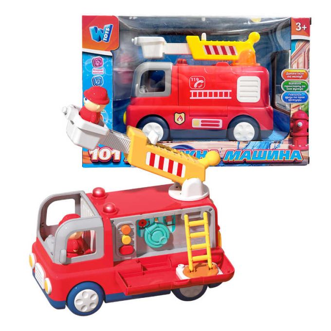 Музична машинка 11516 (24) "WToys", ОЗВУЧУВАННЯ УКРАЇНСЬКОЮ МОВОЮ, "Пожежна машина", пісні, цікаві факти, віршики, підсвічування, сирена, 2 режими гучності, тріскачки, телескопічна драбина обертається на 360°, фігурка пожежника, в коробці