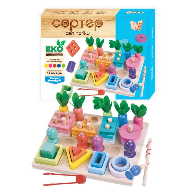 Логічна дерев’яна дошка 61714 (24) "WToys", геометричний сортер, магнітна риболовля, щипці, гра з морквами, в коробці