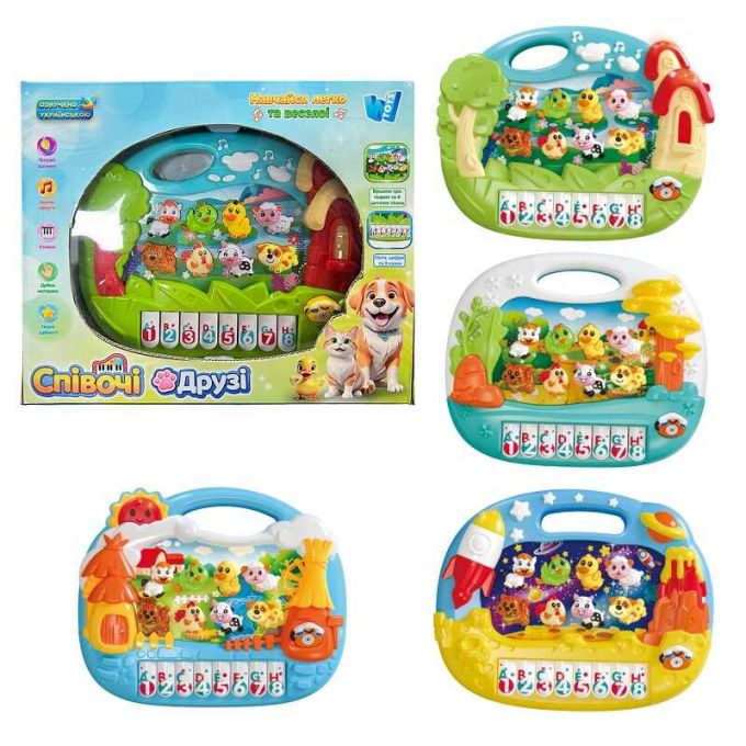 Музичне піаніно "Співочі друзі" 97980 (36/2) “WToys”, ОЗВУЧУВАННЯ УКРАЇНСЬКОЮ МОВОЮ, підсвічування, віршики, 8 пісень, 8 казок, цифри, ноти, в коробці