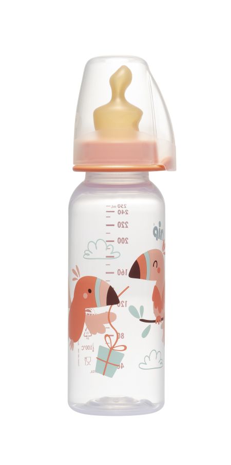 РР пляшка 250 мл,"Д"+соска ортодонтична,антиколікова,латекс(від 0 м.) S (повільний потік)/ NIP