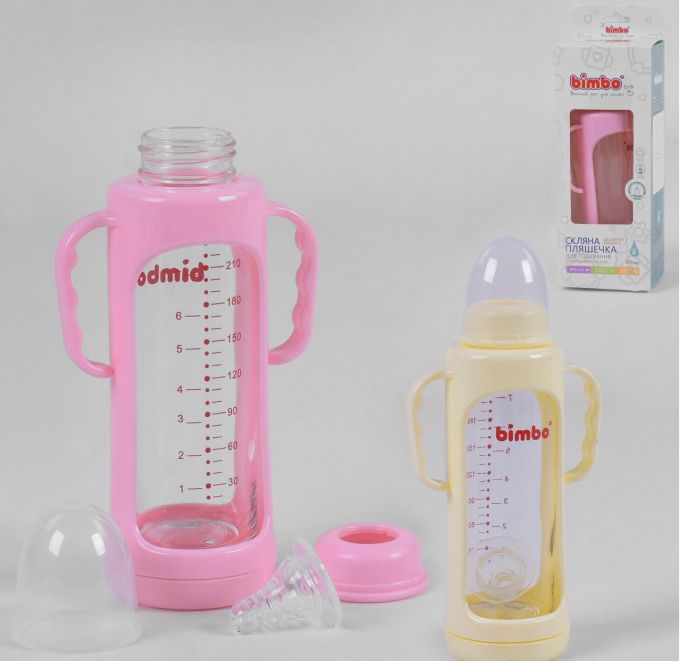 гр Бутылочка стеклянная 15374 (48) с силиконовой соской, "BIMBO", 240 мл, 2 цвета, 1шт в коробке
