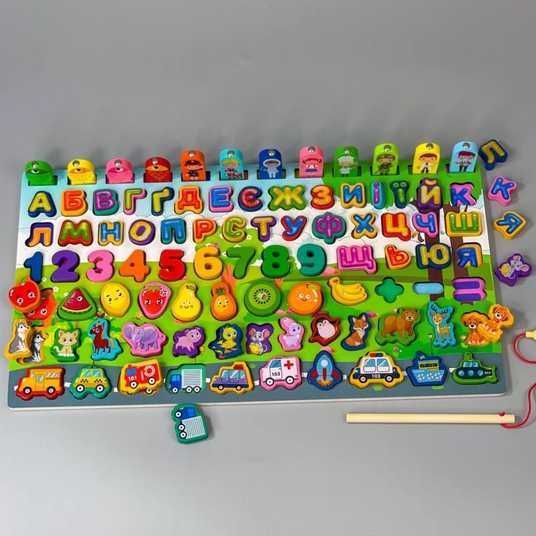 Логічна дерев’яна дошка 31592 (40) "WToys", математичний+фруктовий сортер, транспорт, літери, магніт